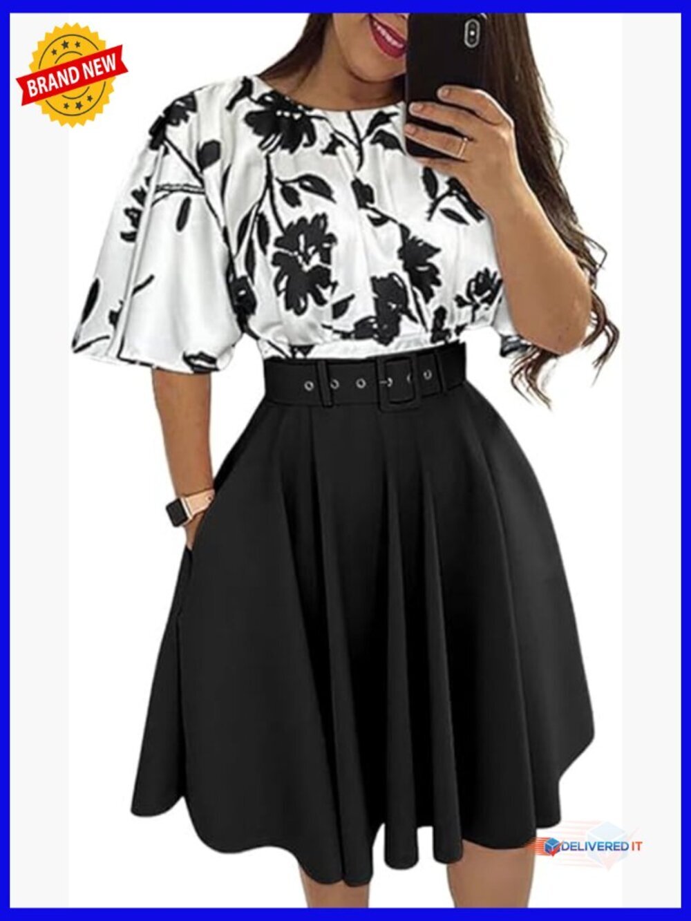 Women's Bell Sleeve Floral Crop Top & A-Line Midi Skirt Set 2-Piece